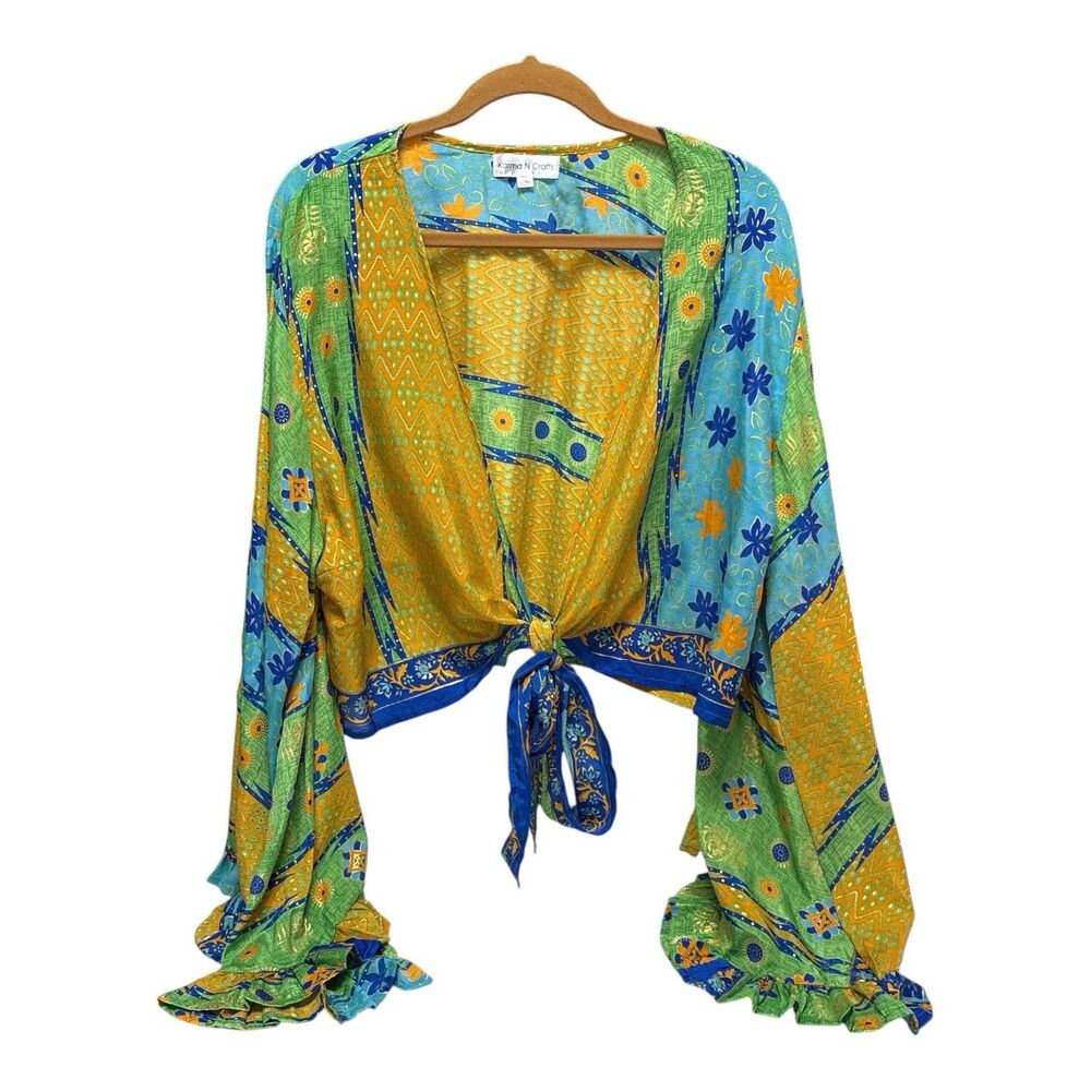 Karma Nepal Crafts Multi Color Wrap Tie Top Bell Sleeve Boho Hippie Earthy L/XL